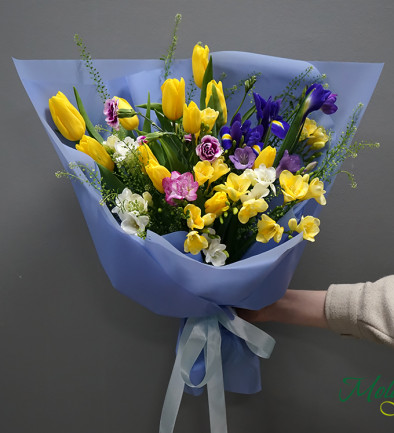 Spring Bouquet with Tulips, Freesias, and Irises photo 394x433